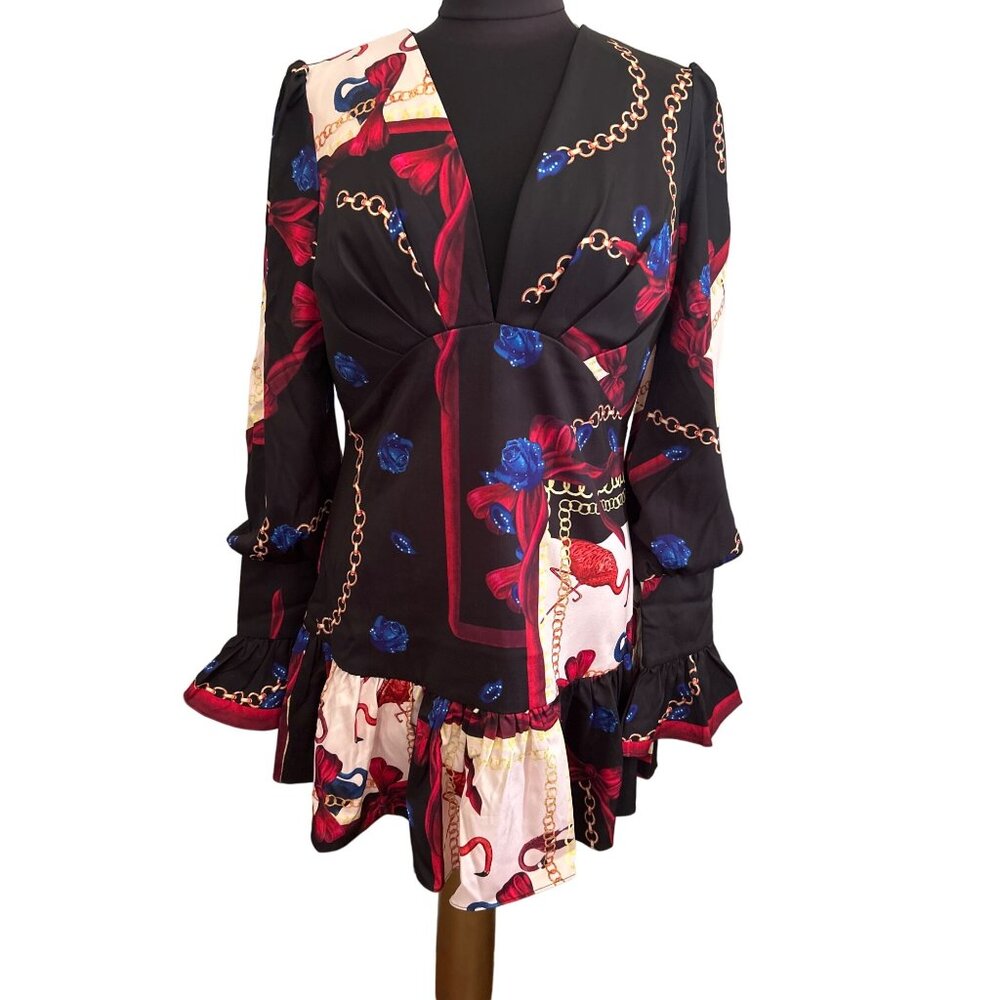 L'ATISTE By Amy Womens Baroque Floral Chain Print Long Sleeve Dress L